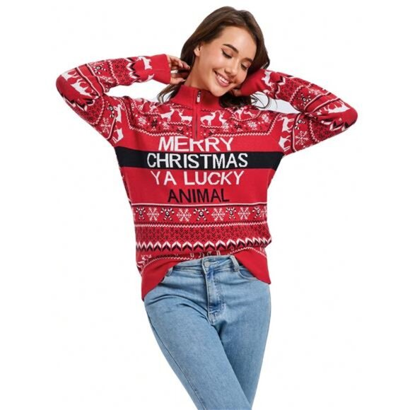 Women's Ugly Christmas Sweater Mock Turtleneck Zip Pullover - Picture 4 of 6